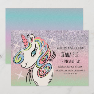 Unicorn  Hand Drawn Ombré Rainbow Birthday  Invitation