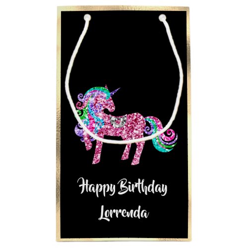 Unicorn Happy Birthday Name Gold Pink Girly Black Small Gift Bag