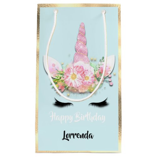 Unicorn Happy Birthday Name Gold Pink Girly Blue Small Gift Bag