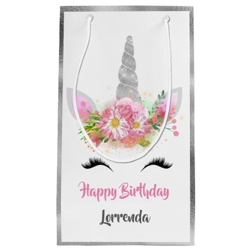 Unicorn Happy Birthday Name Gray Pink Girly Small Gift Bag