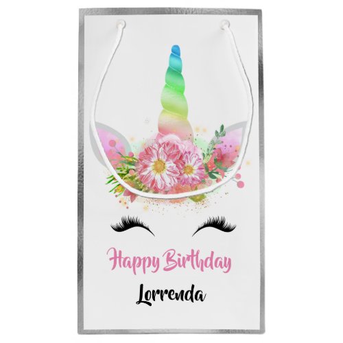 Unicorn Happy Birthday Name Gray Pink Rainbow Small Gift Bag