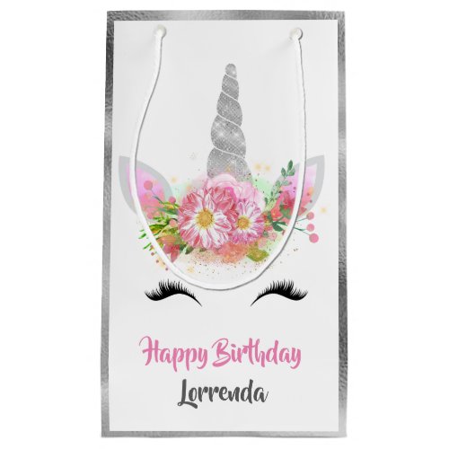 Unicorn Happy Birthday Name Gray Pink White Small Gift Bag