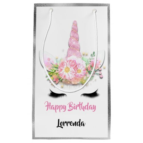 Unicorn Happy Birthday Name Silver Pink Girly Lash Small Gift Bag