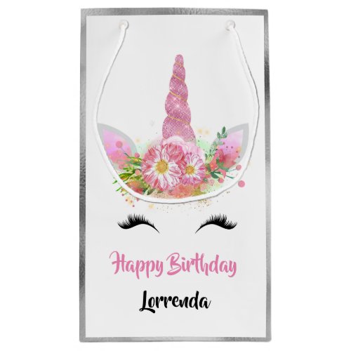 Unicorn Happy Birthday Name Silver Pink Rainbow Small Gift Bag