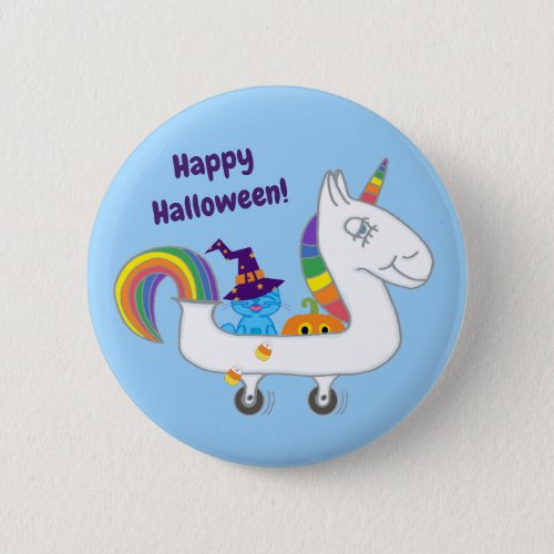 Unicorn Happy Halloween  Milo Blue Cat Button