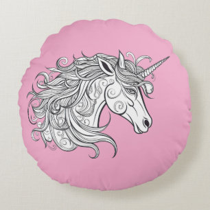 Unicorn Head Drawing (PINK BGRD) Round Pillow