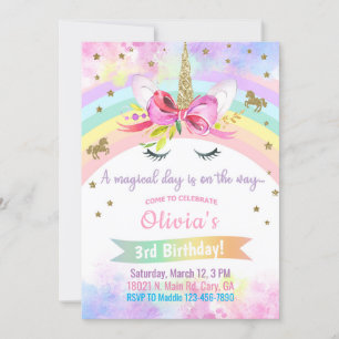 Unicorn head & flowers girl birthday invitation. i invitation