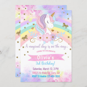 Unicorn head & flowers girl birthday invitation. i invitation