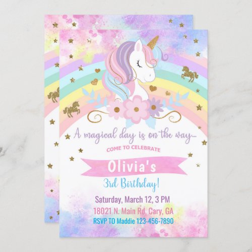 Unicorn head  flowers girl birthday invitation i invitation