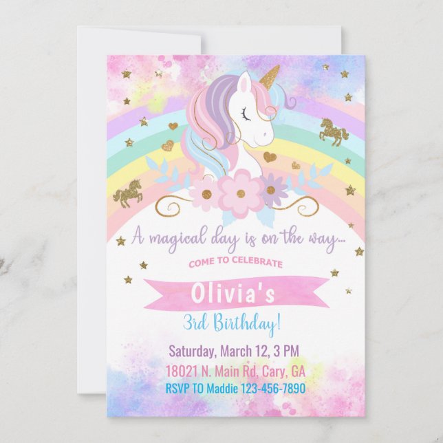 Unicorn head & flowers girl birthday invitation. invitation (Front)