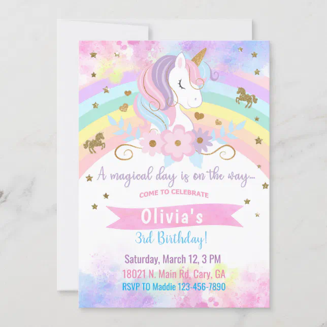 Unicorn head & flowers girl birthday invitation. invitation | Zazzle