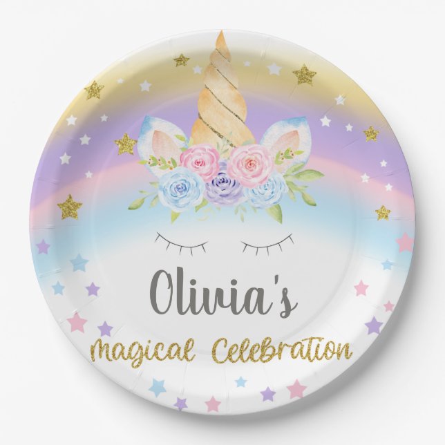 Unicorn head girl birthday customized paper plate. paper plates (Front)