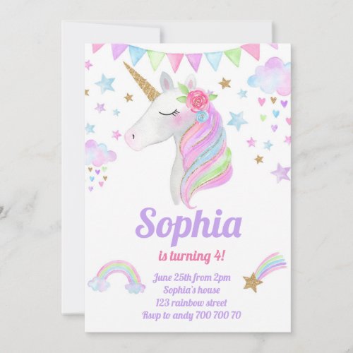 Unicorn Head Gold Rainbow Glitter Girl Birthday