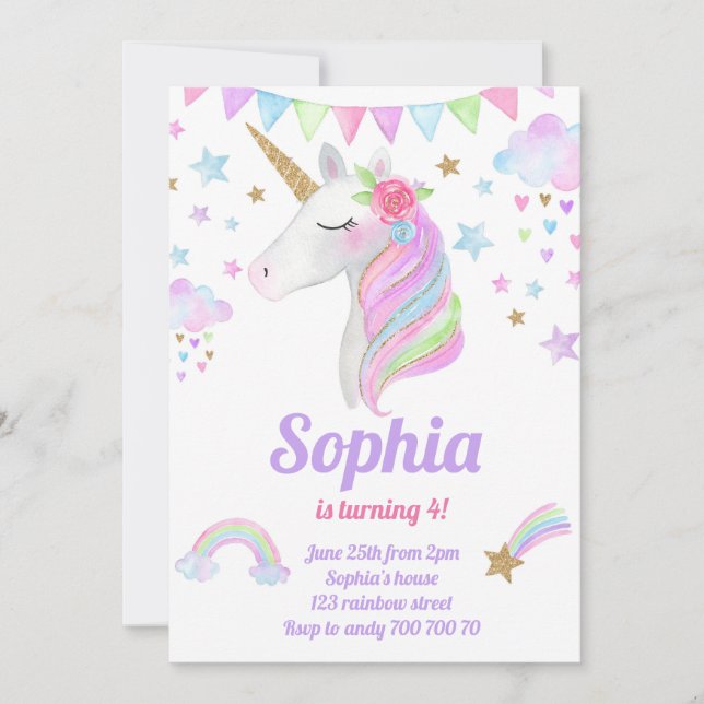 Unicorn Head Gold Rainbow Glitter Girl Birthday Invitation (Front)