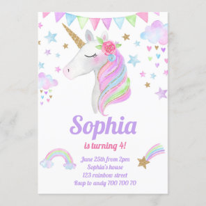 Unicorn Head Gold Rainbow Glitter Girl Birthday Invitation
