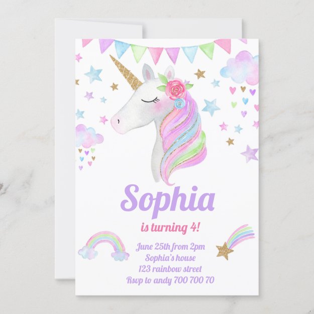 Unicorn Head Gold Rainbow Glitter Girl Birthday Invitation