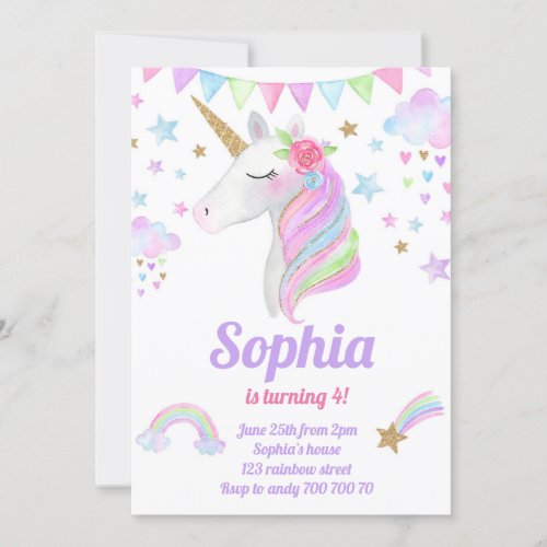 Unicorn Head Gold Rainbow Glitter Girl Birthday Invitation