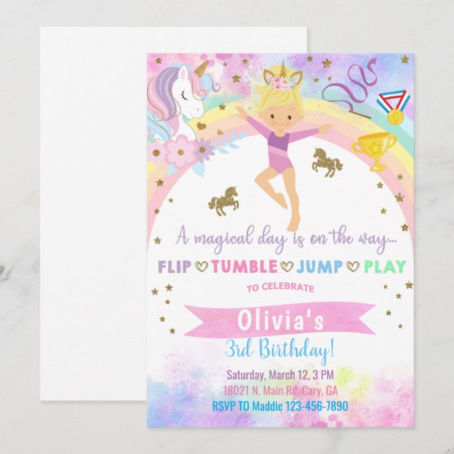 Unicorn head gymnastics blonde girl birthday. invitation (Front/Back)