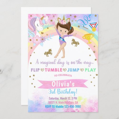 Unicorn head gymnastics brunette girl birthday invitation