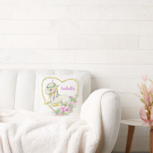 Unicorn Heart Flowers Watercolor  Throw Pillow