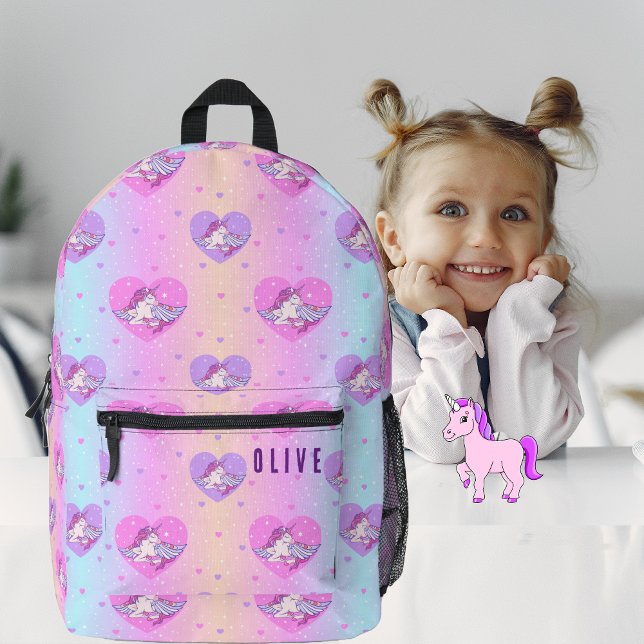 Unicorn Hearts girl's backpack in pink and purple (Kids will love this unicorn design featuring love hearts in pink and purple. Option to include name.)