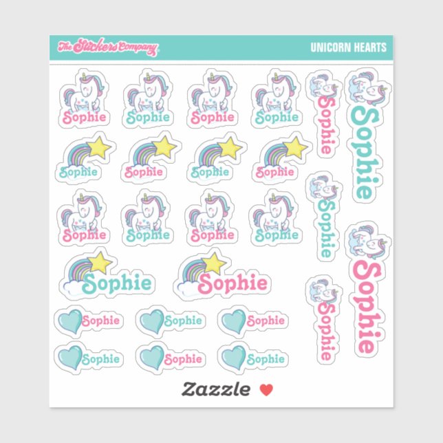 Unicorn Hearts Personalized Name Labels | School (Sheet)