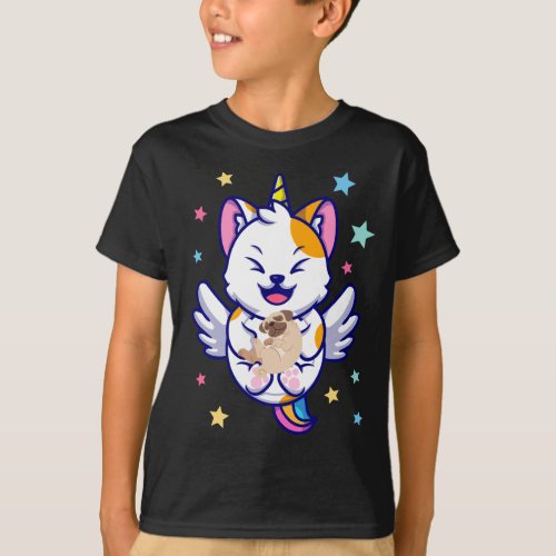Unicorn Holding Dog Pug Kawaii Anime Boy T_Shirt