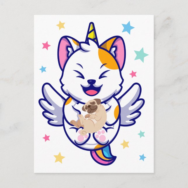 Unicorn Holding Dog Pug Kawaii Anime Postcard (Front)