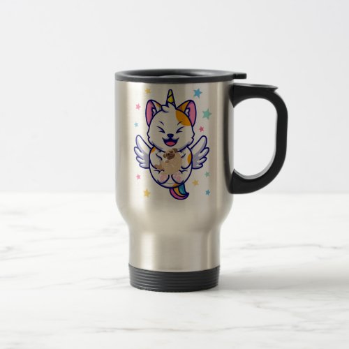 Unicorn Holding Dog Pug Kawaii Anime Travel Mug