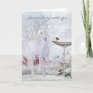 Unicorn Holiday Card Winter Scenery With Robins