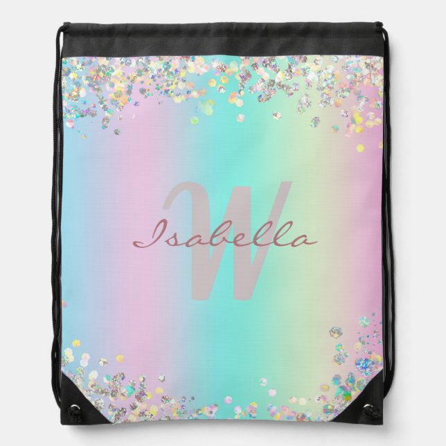 Unicorn Holographic Glitter Drawstring Bag (Front)