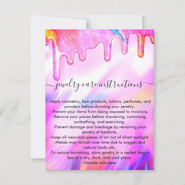Unicorn Holographic Glitter Drip Jewelry Care Card (Front)