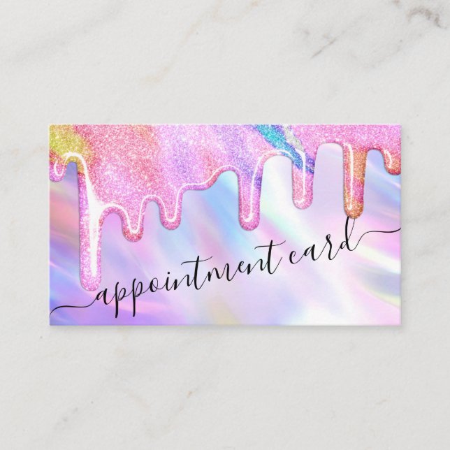Unicorn Holographic Glitter Drips Appointment Business Card (Front)