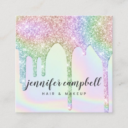 Unicorn holographic glitter drips chic makeup hair square business card