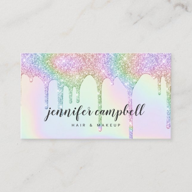 Unicorn holographic glitter drips glam makeup hair business card (Front)