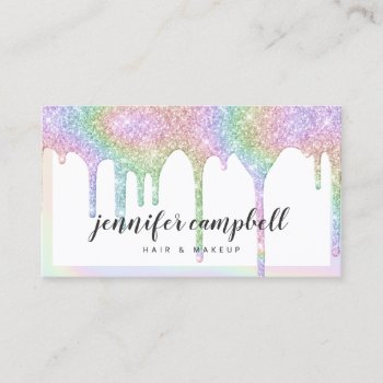 Unicorn Holographic Glitter Drips White Makeup Business Card by moodii at Zazzle