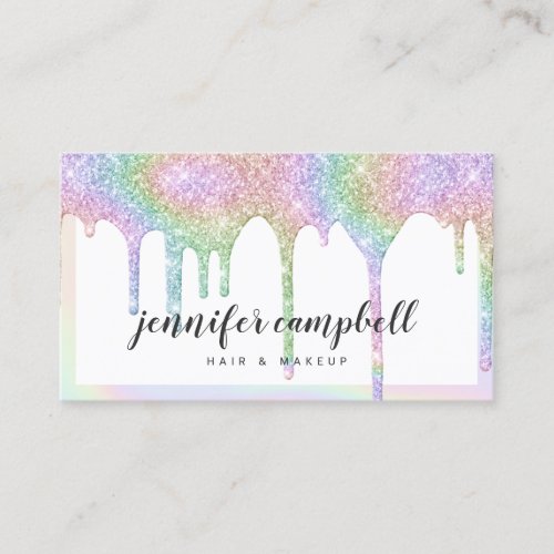 Unicorn holographic glitter drips white makeup business card