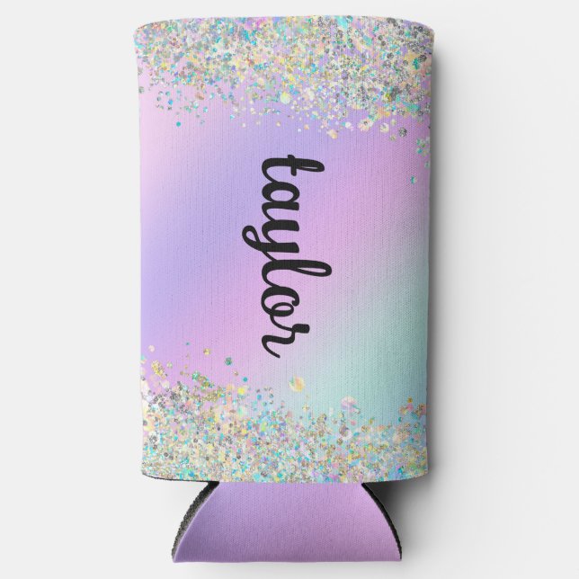 Unicorn holographic glitter seltzer can cooler (Front)