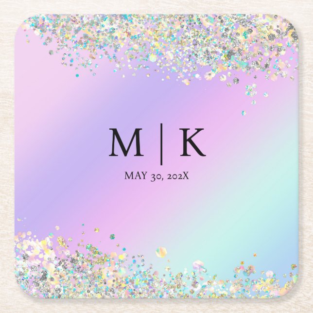 Unicorn holographic glitter square paper coaster (Front)
