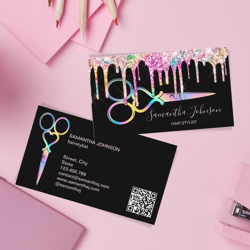 Unicorn Holographic hairstylist hairdresser QR cod Business Card