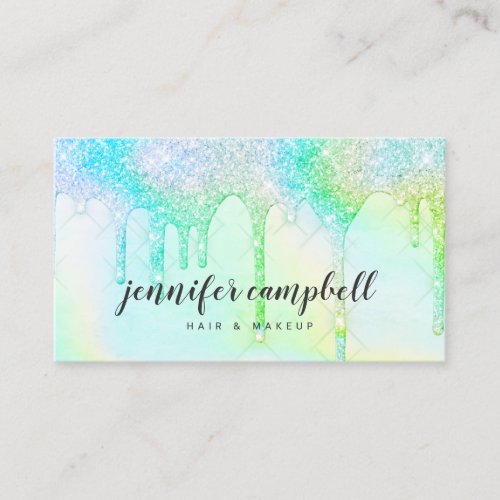 Unicorn holographic mint glitter drips makeup hair business card