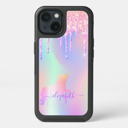 Unicorn holographic pink glitter drips iPhone 13 case