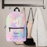 Unicorn holographic pink monogram name printed backpack<br><div class="desc">A holographic,  unicorn and rainbow colored background in pink,  purple and mint green. Decorated with confetti and a cute unicorn. Personalize and add your first name,  monogram initials and full name.</div>