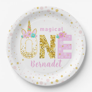 Unicorn Horn 1st Birthday Gold Glitter Confetti Paper Plates