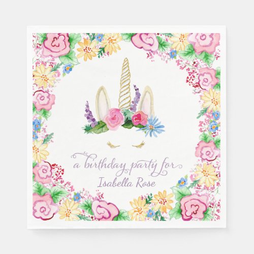 Unicorn Horn BOHO Watercolor Floral Birthday Party Paper Napkins