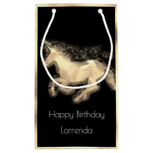 Unicorn Horse Happy Birthday Name Gold Black Small Gift Bag