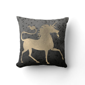 Unicorn Horse Princess Black Gold Starry Night Throw Pillow