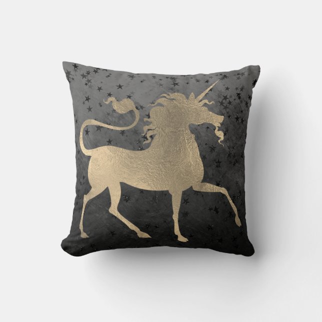 Unicorn Horse Princess Black Gold Starry Night Throw Pillow (Front)