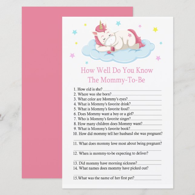 Unicorn How well do you know baby shower (Front/Back)