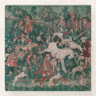 Unicorn Hunt Medieval Art - Unicorn Defends Himsel Glass Coaster